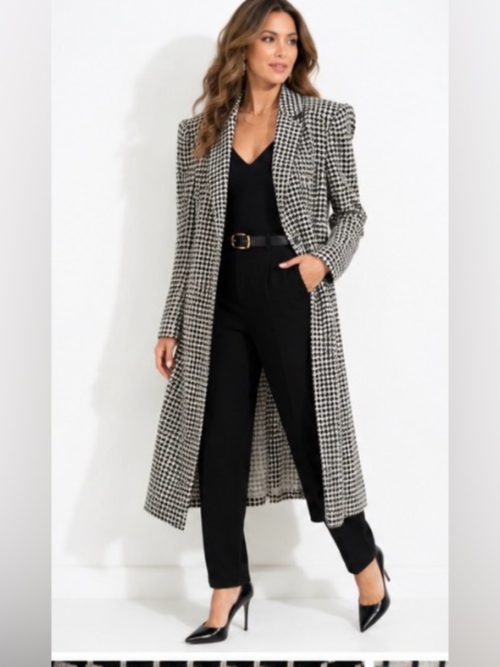 Vintage D’Albert LTD Size 12 Houndstooth Rhinestone Long Blazer Made USA